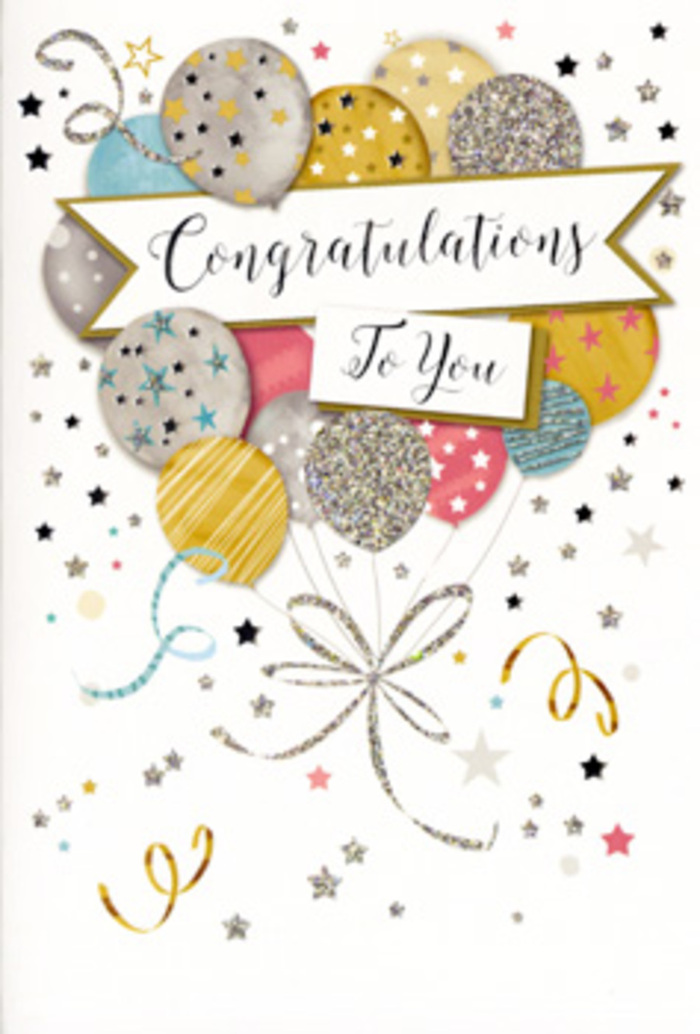 A beautifully composed congratulations card unfolds like an illustration of joy held in suspension, as if the moment of celebration has been gently paused. Central to the design is a cluster of balloons in muted metallic tones-gold, silver, champagne, sky blue, blush pink, and soft grey-layered so that some float slightly in front while others recede, creating a sense of depth much like a well-arranged floral display. Each balloon is adorned with refined patterns: tiny stars scattered like constellations, subtle stripes, and delicate flecks that suggest the sparkle of glitter without overwhelming the eye. Fine ribbons stream down from the balloons, curling gracefully and overlapping each other in flowing lines that give a feeling of movement and life. Draped across the middle is a lightly arched banner, carrying the message Congratulations To You in sophisticated cursive script, the strokes smooth and graceful, reminiscent of a carefully written card slipped into a bouquet from a local Watford florist. Around this focal point, small stars, swirling lines, and confetti-style dots drift across a soft, uncluttered background, echoing the easy happiness of a celebration after good news is shared somewhere near the Parade or on St Albans Road. The overall mood is quietly festive-more of a radiant glow than a loud explosion-making it perfect for acknowledging everything from graduations and promotions to personal achievements. It feels like the paper equivalent of a tasteful celebration, just right for pairing with fresh flowers delivered to homes and offices across Watford.