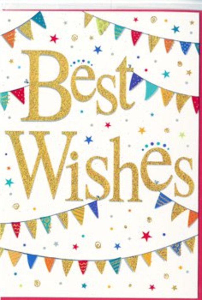The image captures a vibrant Best Wishes card, designed with a spirit of celebration that would sit beautifully alongside a fresh bouquet prepared by Florist Watford for same-day delivery across the area. At the centre of the card, the phrase Best Wishes is rendered in generous, sweeping gold script. The metallic finish is softly reflective rather than glaring, catching the light in a way that makes the letters seem almost illuminated against the crisp white background. Each stroke of the script is slightly raised, lending a tactile richness that suggests quality cardstock and careful craftsmanship. Surrounding this central greeting, strands of bunting arc gracefully across the card from side to side, reminiscent of festival flags hanging above a street party near Watford High Street. Every small triangular pennant is distinctive: some are filled with neat horizontal stripes, others dotted with playful spots, and a few decorated with tiny mosaic-like shapes. The colour palette is vivid and joyful-sapphire blue, scarlet, grassy green, bright lemon, and warm coral-working together to form a carnival of colour without ever overwhelming the eye. Between these bunting lines, small stars and confetti dots float in seemingly random patterns, echoing the look of coloured paper tossed into the air at the height of a celebration. The spacious white background keeps the overall look fresh and contemporary, allowing the gold message to remain the focal point. The card's mood is one of genuine happiness and heartfelt support, perfect for congratulating a friend on a new job, a couple on their engagement, or a family celebrating a special milestone somewhere in Watford. Its design conveys optimism and shared joy, like a snapshot of a happy gathering captured in still, glowing colour.