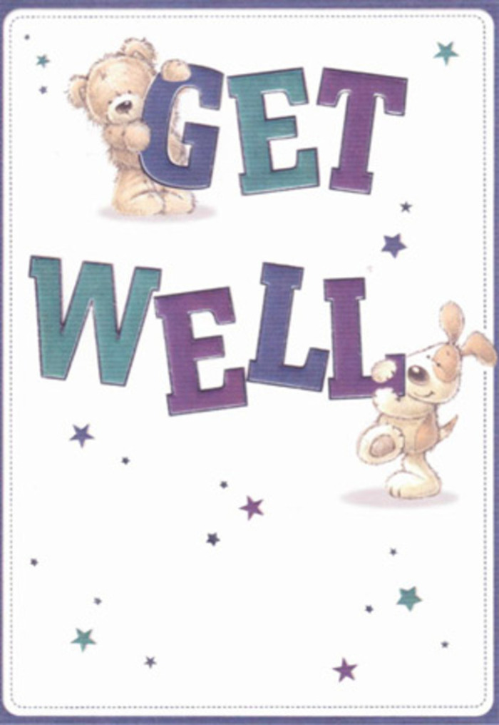 In this gentle get well card illustration, the scene opens like a storybook panel meant to comfort a child-or a grown-up who needs soft reassurance. Large, rounded letters spell out Get Well in layered tones of purple, teal, and deep blue, with subtle shading that gives them depth and a sense of friendly weight, as if they've been carefully stacked on a playroom floor. Perched atop the word GET, a cuddly teddy bear leans forward, its rounded tummy and padded paws suggesting plush softness. The bear's fur is depicted with textured strokes and warm, honey-brown colouring, inviting the imagination to feel its cosy embrace. Near the base, a puppy with velvety, floppy ears gently props itself against the letters of WELL, its body language open and eager, with bright, caring eyes turned outward as if checking on the person receiving the card somewhere in Watford-perhaps resting at home near Cassiobury or tucked up in a local clinic. Their expressions are simple yet full of heart: tiny curved mouths and slight head tilts that convey kindness, concern, and a promise that better days are coming. All around them, small starbursts and twinkling stars in shades of blue, aqua, and violet scatter lightly across a pristine, creamy white background. These stars feel almost like whispered wishes, floating in the air the way a delicate fragrance rises from a freshly arranged get well bouquet. The open white space adds a sense of clean calm and gentle order, much like a tidy bedside table holding a simple vase of flowers. The overall mood is one of soft optimism, perfectly suited to accompany a thoughtful floral delivery across Watford, transforming a simple message into a warm, comforting embrace in card form.
