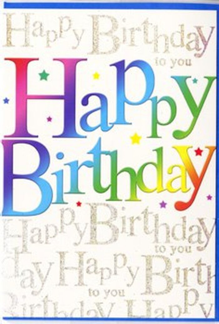 The birthday card captured here has the visual impact of a colourful shopfront on Watford's Parade, instantly drawing the eye. Dominating the scene, the words Happy Birthday sweep across the front in big, rounded letters, each one filled with a richly blended spectrum of colour. Starting from one edge, deep berry reds softly melt into juicy pinks, then ease into coral and vivid orange, before glowing into sunny yellow, fresh grassy green, cool aqua, and finally broader strokes of mid-blue and indigo. The transition between shades feels fluid and painterly, yet the edges of the letters remain sharply defined, giving the overall design a modern, polished look. The surface hints at a smooth, slightly reflective finish, as though the ink has been laid on thick enough to catch the light. Framing and supporting this bold central text, the entire background is adorned with intricate golden script, the words Happy Birthday to you written again and again in looping, elegant calligraphy. The metallic gold glints gently, like sunlight filtering through trees in Oxhey Park, adding depth and sophistication to the card. Tiny speckles and dustings of light-toned colour dot the design here and there, creating the impression of scattered confetti or the shimmer of party lights in the distance. This harmonious mix of bright, cheerful typography and delicate gold detailing gives the card a timeless appeal. It would sit beautifully next to a vase of fresh flowers on a kitchen table in North Watford, chosen carefully-perhaps from Florist Watford-to accompany a bouquet that's every bit as vibrant and heartfelt as the card itself.