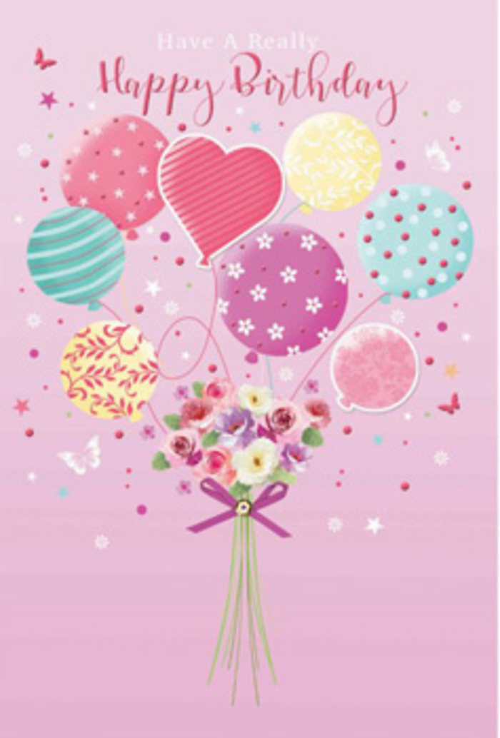 Delicate birthday card artwork featuring a pastel balloon bouquet lifting a compact cluster of flowers, much like a thoughtfully arranged gift heading out for delivery across Watford's friendly neighbourhoods. The illustration rests on a calm pink background, which softly frames the central design. A spray of rounded balloons rises upwards, coloured in a palette of pale sunshine yellow, gentle pink, sea green, mint, and lavender. Each balloon has its own playful character: some are wrapped in sweeping stripes that spiral around the shape, others are speckled with tiny dots that seem almost to shimmer, while a few are embellished with light floral patterns. One heart-shaped balloon near the centre stands out, radiating affection and becoming the emotional focus of the scene. Below, a dainty hand-tied bouquet anchors the composition, composed of petite roses and daisy-like blossoms in cream, blush pink, and soft mauve. Their petals appear velvety and full, layered in such a way that they suggest fresh, just-opened blooms like those you might see arranged in the window of a Watford florist close to the High Street or St Albans Road. A glossy purple bow hugs the stems, the satin-like shine adding a festive note. Tiny butterflies and star motifs drift among the flowers and balloons, echoing the flutter of excitement when birthday wishes are shared. The lighting across the artwork is bright but gentle, giving the balloons a subtle sheen and the flowers a tender, natural glow, as though touched by daylight filtering through a front-room window near Cassiobury. The overall feeling is one of peaceful joy and heartfelt thoughtfulness, perfectly capturing the spirit of a birthday bouquet designed to make someone in Watford feel truly special.