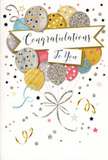 This congratulations card glows with a gentle, sophisticated joy, the kind you might want to send alongside a bouquet to mark a proud moment in Watford. The illustration features a joyful cluster of balloons that seems to rise from the lower edge of the card, their rounded shapes overlapping in a balanced, almost bouquet-like arrangement. The colours are soft yet celebratory: brushed gold, polished silver, champagne, sky blue, warm blush pink, and soft grey, with each balloon carrying its own delicate pattern of stars, dots, or slim stripes that catch the imaginary light like fine glitter. Thin ribbons dangle from the balloons, twisting and coiling over one another in flowing lines that add a sense of movement and playfulness, as though a gentle breeze from the streets near Cassiobury or the town centre has just stirred them. Across the middle of the scene, a graceful banner stretches outward, bearing the words Congratulations To You in flowing, hand-lettered-style script that feels intimate and sincere. Around this central composition, a sprinkling of small stars, tiny specks, and festive swirls drifts across a light, neutral background, suggesting confetti tossed at the end of a celebration with friends in Watford. The overall design feels light as air but rich in meaning, ideal for recognising exams, new jobs, retirements, or any personal achievement. At Florist Watford, we'd nestle a card like this among fresh blooms so that the message of pride and happiness is carried in both the flowers and the design of the card itself.
