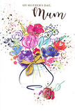 The illustrated Mother's Day card portrays a carefree watercolour bouquet, as if someone in Watford has captured the essence of a springtime bunch in quick, expressive strokes. Central blossoms shine in rich cerise, vivid pink, and warm red tones, their petals carefully suggested by dark indigo outlines that curve and loop around each bloom. Cooler shades of lavender and gentle blue flow between the brighter flowers, blending softly where pigments meet, creating a tranquil backdrop that makes the warmer colours glow. Light touches of green peek through, hinting at supporting foliage without distracting from the main blooms. Around the bouquet, small hearts and painterly splashes of colour drift across the clean white card, suggesting scattered petals on a pavement after a surprise delivery in Watford or the joyful energy of children helping to choose a card for Mum. Subtle lines of gold accent certain edges and details, adding a glint that echoes the special nature of the day. The flowers rise from a simple, rounded vase, suggested with transparent washes and finished at the neck with a neat golden bow, recalling the final flourish a florist adds as they pass an arrangement across the counter. The mood of the piece is light, affectionate, and full of movement, celebrating the bond between mother and child with every stroke. It feels like a visual hug-an artistic bouquet that will not fade, carrying the same sentiment as a fresh bunch of flowers delivered to a beloved mum somewhere across Watford.