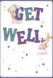 A whimsical illustrated get well card shows two lovable friends-a soft teddy bear and a floppy-eared puppy-working together to hold up the big, bold message Get Well. The words are drawn in chunky, rounded letters shaded in rich indigo and teal, with gentle gradients that make the text feel almost three-dimensional, as if the letters could tumble into your hands. The teddy bear perches cheerfully at the top of the word GET, its rounded paws gripping the edge of the letters, while the puppy leans playfully against WELL, nose tucked close, tail lifted in friendly curiosity. Both characters have warm, expressive faces, with small eyes and subtle smiles that suggest kindness and childlike reassurance. Their fur is illustrated with soft strokes, hinting at a velvety, cuddly texture, like a favourite toy kept by a bedside during recovery. Around them, scattered starbursts in shades of blue, purple, and aqua dance across a creamy white background, adding a sense of movement and gentle magic, like tiny wishes floating above Cassiobury Park on a clear evening in Watford. The design is clean and spacious, with plenty of open background that creates a feeling of fresh air and calm-soothing qualities that echo the quiet comfort of receiving a thoughtfully arranged get well bouquet. This card feels like the paper companion to a caring floral delivery, the sort of tender, optimistic gesture a local Watford family might send to brighten a hospital room or a convalescing friend's home near the High Street, bringing a smile even before the envelope is opened.