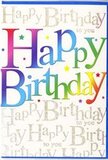In this scene, the birthday card looks like a snapshot of a well-planned Watford birthday bash distilled into design. Front and centre, Happy Birthday is written in large, friendly letters that arc gently across the card's face, filled with a velvety gradient of colour that travels through the rainbow. Beginning in strong crimson and ruby hues, the tones slide into playful pinks and glowing orange, then into zesty lime, minty green, and restful turquoise before deepening into classic blue. The finish of the print suggests a smooth, glossy texture, the kind where you might see a soft reflection if you tilt it under a lamp. Behind this jubilant message, the background is a tapestry of delicate golden handwriting, with the phrase Happy Birthday to you flowing repeatedly in neat, looping script. The gold ink has a subtle sheen, reminiscent of the warm, late-afternoon light that falls across Watford Fields. Light sprinkles of tiny dots and spark-like flecks add to the celebratory tone, as if someone has just tossed a handful of confetti over the card. The composition blends playful colour with understated glamour, making it suitable for a close friend, family member, or colleague. Imagine this card propped beside a bright birthday bouquet on a desk near Clarendon Road or in a cosy home off Hempstead Road, ready to be opened as part of a same-day floral surprise. The feeling it conveys is clear: a wholehearted wish for a happy birthday, expressed with colour, sparkle, and a gentle sense of occasion.