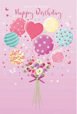 Whimsical birthday illustration where pastel balloons and a sweet little bouquet of flowers come together in a scene that feels like a party moment frozen in time somewhere in Watford. The piece is set against a soft, rosy-pink background that feels warm and welcoming. Above, a cluster of balloons in blush pink, sea green, teal, lemon, and lavender drifts upwards, each balloon decorated with its own playful pattern-candy-coloured stripes, scattered polka dots, gentle swirls, and a standout heart-shaped balloon at the centre that suggests the love behind the birthday wish. Below this floating cluster, a compact, hand-tied bouquet rests, filled with delicate roses and anemone-like blooms in creamy ivory, blush, and muted mauve. Their petals look feathery and soft, overlapping in subtle layers, as if arranged just moments ago by a careful hand in a local Watford flower shop. The stems are wrapped snugly with a violet satin bow, its smooth loops catching the imagined light. Around the scene, tiny star shapes and butterflies seem to float and sparkle, adding a touch of fairy-tale magic, like glitter in the air when a birthday cake is carried into a cosy home near Garston or Oxhey. The light in the illustration is gentle and bright, leaving a soft sheen on the balloons and a natural glow on the flowers, creating an overall impression of airy, joyful celebration. It feels like a card and bouquet chosen with true affection, perfectly suited to send warm birthday wishes to someone special in and around Watford.