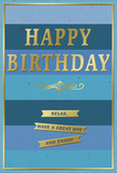 This graceful birthday card offers a quiet, uplifting presence, much like a calm stroll through Watford's leafy side streets. Across the front, broad horizontal stripes of blue create a layered backdrop, moving from a deep navy at the top down through mellow denim and teal into a soft, airy sky blue at the base. Each band flows smoothly into the next, forming a gentle ombre effect that feels both contemporary and soothing. The overall finish is matte and understated, softening the impact of the colours so they feel restful to the eye. Centred on this sea of blue, the words HAPPY BIRTHDAY appear in large, embossed golden letters. The gold foil gives them a subtle, shimmering quality, so they glint as the card is moved, like flickers of light along the Grand Union Canal on a bright day. Beneath the greeting, a decorative golden flourish sweeps gracefully from left to right, its looping curves bringing a hint of classic charm and balancing the strong horizontal stripes above and below. Lower on the card, three slim gold banners are stacked neatly, each ribbon carrying part of a friendly, relaxed message: Relax, have a great day and enjoy! The text is clean and welcoming, framed by the reflective gold. A fine gold border runs right around the edge, enclosing the design and giving it a finished, keepsake feel. Pictured beside a fresh bouquet on a table in a Watford home, this card conveys thoughtful, gentle birthday wishes - a reminder to pause, smile, and truly enjoy the day.